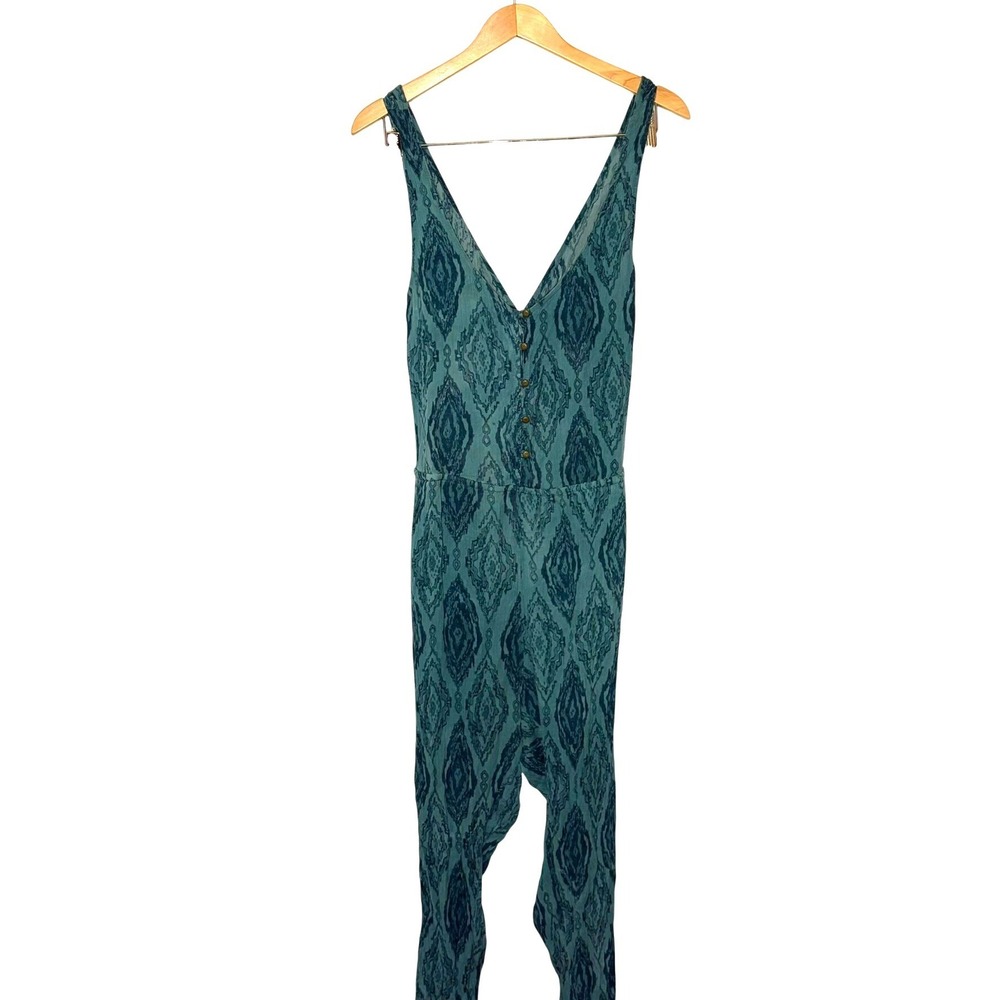 O'Neill Womens Teal Ikat Print Jumpsuit Boho Cutout Back Sleeveless Romper Large